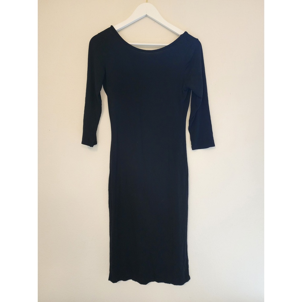 Lulus Black Bodycon Midi Dress Small 3/4 Sleeve Deep Scoop Low Back Rayon Blend